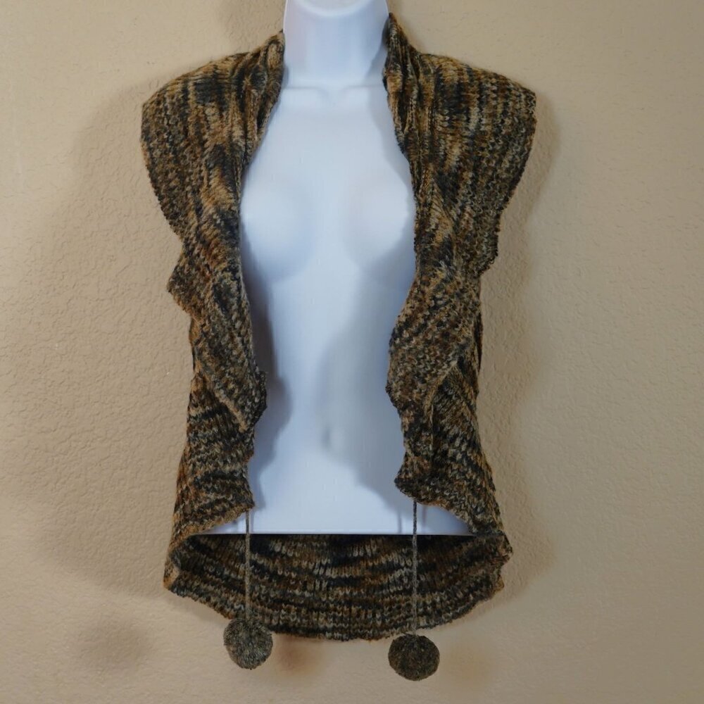 Carel Sleeveless open Front Handknit Cardigan Brown Pom Pom ball Y2K Fairy S